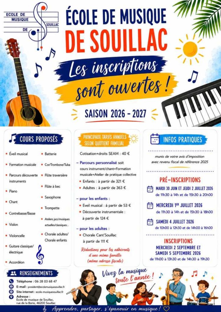 Cours de musique saison 2026-2027, école de musique de souillac